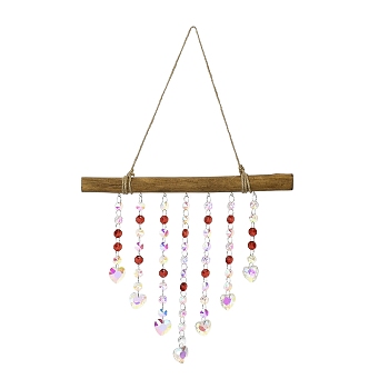 Quartz Crystal & Wood Pendant Decorations, with Iron Findings, Heart, Clear AB, 510mm, Pendants: 295x325mm.