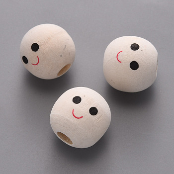 Maple Wood European Beads, Printed, Large Hole Beads, Undyed, Round with Smiling Face, Old Lace, 17~18mm, Hole: 5mm, about 260pcs/500g