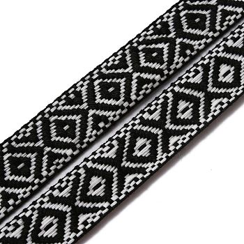 Ethnic style Embroidery Polyester Ribbons, Jacquard Ribbon, Garment Accessories, Rhombus Pattern, Black, 7/8 inch(23mm)