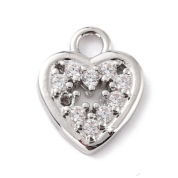Eco-Friendly Brass Micro Pave Clear Cubic Zirconia Charms, Cadmium Free & Lead Free, Heart, Real Platinum Plated, 13.5x10.5x2mm, Hole: 2mm
