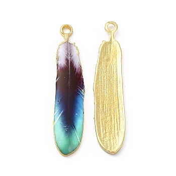 Rack Plating Alloy Pendants, Printed, Lead Free & Cadmium Free & Nickel Free, Feather Charm, Light Gold, Colorful, 36.5x8x1.5mm, Hole: 1.8mm