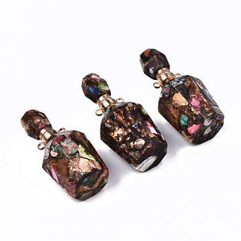 Assembled Synthetic Bronzite and Imperial Jasper Openable Perfume Bottle Pendants, with Light Gold Brass Findings, Dyed, Colorful, Capacity: 1ml(0.03 fl. oz), 41~42x17~18x17~18mm, Hole: 1.8mm