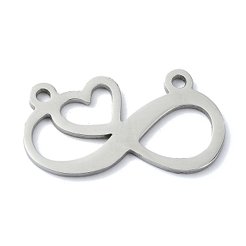 304 Stainless Steel Pendants, Laser Cut, Infinity with Heart Charm, Stainless Steel Color, 12.5x22.5x1mm, Hole: 1.4mm