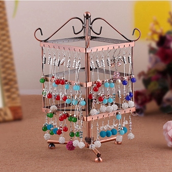 Iron Rotating 3-Tier Earring Display Stand, for Hanging Dangle Earring, 96 Holes, Red Copper, 120x120x240mm