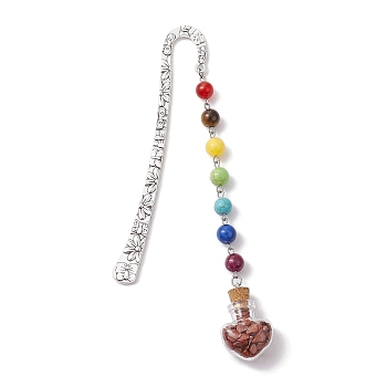 7 Chakra Gemstone Bead & Natural Red Jasper Glass Heart Wishing Bottle Pendant Bookmarks, Alloy Hook Bookmarks, 153mm