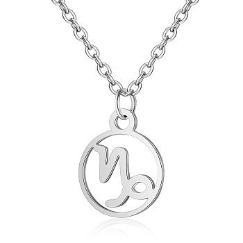 201 Stainless Steel Pendants Necklaces, Flat Round with Constellations, Capricorn, 16.3 inch(40cm)x1mm