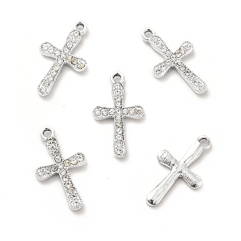 Alloy Rhinestone Pendants, Platinum Tone Cross Charms, Crystal, 25x14.5x2.7mm, Hole: 2mm