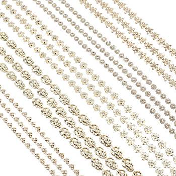 PandaHall Elite 5 Cards 5 Style Plastic & Resin Chains, Wedding Dress Decorative Chains, Mixed Shape, Gold, 7.5~15x3~4mm, 1 card/style