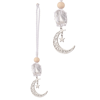 Moon 201 Stainless Steel Pendant Decorations, Wood Beads and Natural Quartz Crystal Nuggets Beads Nylon Thread Hanging Ornament, 165~171mm