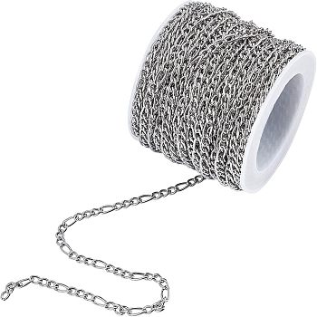 304 Stainless Steel Figaro Chains, Unwelded, with Spool, Stainless Steel Color, 4~6x3mm, about 32.8 Feet(10m)/roll