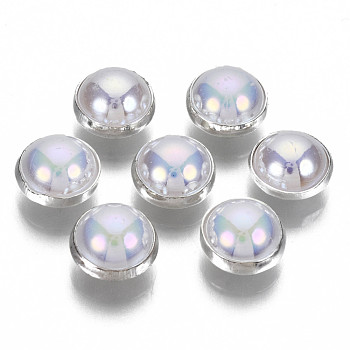 ABS Plastic Imitation Pearl Sewing Buttons, AB Color, with Brass Findings, Silver Color Plated, Lavender, 8~8.5x6mm, Hole: 1mm