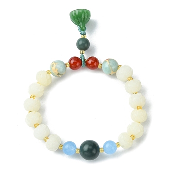 Dyed Bodhi Wood & Natural Agate Beaded Stretch Bracelet with Lotus Charms for Women, Colorful, Inner Diameter: 2 inch(5.2cm)