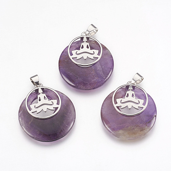 Natural Amethyst Pendants, with Platinum Tone Brass Findings, Flat Round with Buddha, 32x28x7mm, Hole: 4x5mm