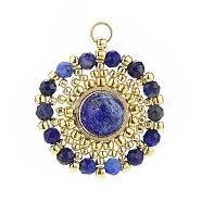 Handmade Japanese Seed Beads Pendants, Braided Natural Lapis Lazuli Flower Charm, Faceted, 24.5x22~23x8mm, Inner Diameter: 3mm(PALLOY-MZ00054-03)