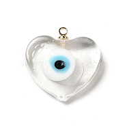 Handmade Lampwork Pendants, with Real 18K Gold Plated Plated Brass Finding, Cadmium Free & Lead Free, Heart with Evil Eye, Clear, 19.5x18.2x5mm, Hole: 1.4mm(LAMP-E030-01G-09)