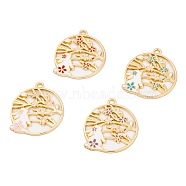 Rack Plating Alloy Enamel Pendants, Golden, Flat Round with Rabbit & Flower Charm, Mixed Color, 28x25x1.5mm, Hole: 1.8mm(FIND-A040-05A-G)