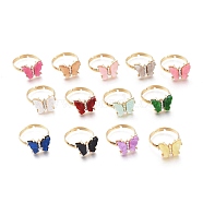Adjustable Brass Micro Pave Clear Cubic Zirconia Finger Rings, with Resin, Long-Lasting Plated, Butterfly, Golden, Mixed Color, Size 10, Inner Diameter: 20mm, Butterfly: 14x18.5mm(RJEW-I072-01B)