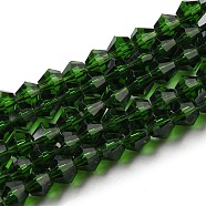 Transparent Glass Beads Strands, Faceted, Bicone, Dark Green, 4x4mm, Hole: 0.8mm, about 82~85pcs/strand, 30.5~31cm(GLAA-F029-4mm-25)