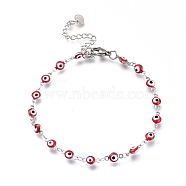 304 Stainless Steel Link Bracelets, with Enamel and Lobster Claw Clasps, Evil Eye, Stainless Steel Color, Red, 7-7/8 inch(20cm)(BJEW-M203-04P-A)