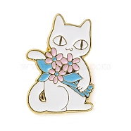 Cartoon Yoga Cat & Flower Enamel Pins, Golden Zinc Alloy Brooches for Women, White, 28.5x20x1.8mm(JEWB-E030-01G-02)