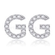 Brass Cubic Zirconia Stud Earrings, with Ear Nuts, Alphabet, Letter G, Clear, Platinum, 12x11x2.5mm, Pin: 0.5mm(EJEW-BB35118-G)