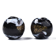 Handmade Gold Sand Lampwork Beads, Round, Black, 9~10x8~10mm, Hole: 1.6mm(LAMP-N028-001A)