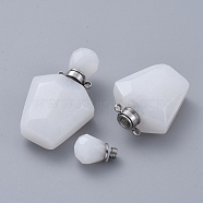 Faceted Natural White Jade Openable Perfume Bottle Pendants, Essential Oil Bottles, with 304 Stainless Steel Findings, Stainless Steel Color, 35.5~37.5x23x13.5mm, Hole: 1.8mm, Capacity: about 2ml(0.06 fl. oz)(G-E564-09A-P)
