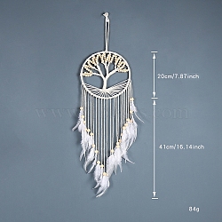 Bohemian Style Feather Pendant Decorations, with Cotton Rope and Wood Beads, Tree of Life, Beige, 610mm(PW-WG38947-02)