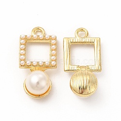 ABS Plastic Imitation Pearl Pendants, with Alloy Findings, Square Charm, Golden, 25x12x8.5mm, Hole: 2mm(PALLOY-I217-23G)