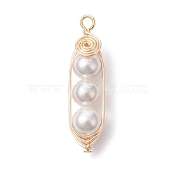 Round Shell Pearl Beaded Pendants, Golden Plated Copper Wire Wrapped Charms, Seashell Color, 30x8x6.5mm, Hole: 2mm(PALLOY-TA00104)