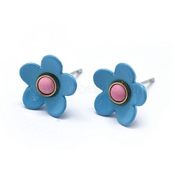 Spray Painted Brass Stud Earrings, with Synthetic Turquoise, Plastic Ear Nuts, Platinum, Deep Sky Blue, 11mm, Pin: 0.5mm(EJEW-F236-01E)