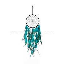 Iron Woven Web/Net with Feather Pendant Decorations, with Plastic and Wood Beads, Covered with Leather Cord, Flat Round, Dark Cyan, 650mm(AJEW-B017-04)