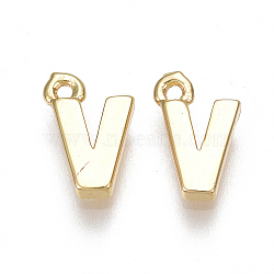 Brass Charms, Letter, Nickel Free, Real 18K Gold Plated, Letter.V, 8.5x5.5x1.5mm, Hole: 0.8mm(X-KK-S350-167V-G)