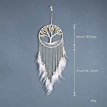 Bohemian Style Feather Pendant Decorations, with Cotton Rope and Wood Beads, Tree of Life, Beige, 610mm