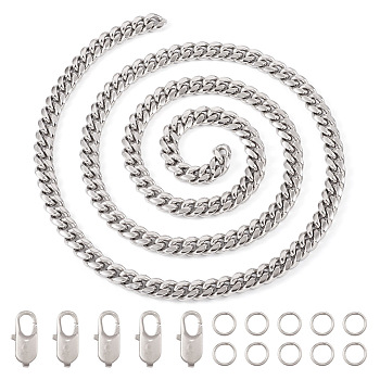 DIY Chain Bracelet Necklace Making Kit, Including 304 Stainless Steel Cuban Link Chain, 316 Surgical Stainless Steel Lobster Claw Clasps, Stainless Steel Color, Chain: 1M/set