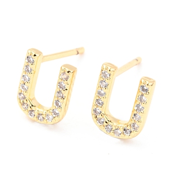 Brass Micro Pave Clear Cubic Zirconia Stud Earrings, Greek Alphabet, Real 18k Gold Plated, Letter.U, 8.5x6.5x1.7mm, Pin: 0.8mm