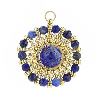 Handmade Japanese Seed Beads Pendants, Braided Natural Lapis Lazuli Flower Charm, Faceted, 24.5x22~23x8mm, Inner Diameter: 3mm