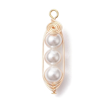 Round Shell Pearl Beaded Pendants, Golden Plated Copper Wire Wrapped Charms, Seashell Color, 30x8x6.5mm, Hole: 2mm