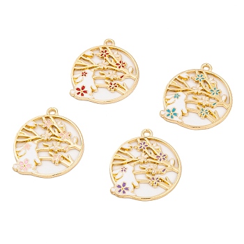 Rack Plating Alloy Enamel Pendants, Golden, Flat Round with Rabbit & Flower Charm, Mixed Color, 28x25x1.5mm, Hole: 1.8mm