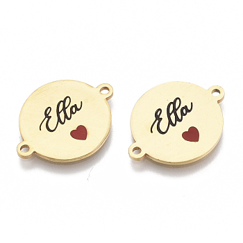 201 Stainless Steel Enamel Links connectors, for Valentine's Day, Flat Round with Heart and Word, Red, Golden, 16x21x1mm, Hole: 1.4mm