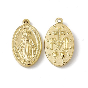 Vacuum Plating 201 Stainless Steel Pendants, Oval with Saint Charm, Real 18K Gold Plated, 27.5x16x3.5mm, Hole: 2mm