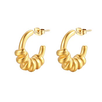 304 Stainless Steel C Shaped Spring Design Stud Earrings, Real 18K Gold Plated