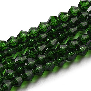 Transparent Glass Beads Strands, Faceted, Bicone, Dark Green, 4x4mm, Hole: 0.8mm, about 82~85pcs/strand, 30.5~31cm