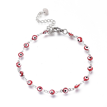 304 Stainless Steel Link Bracelets, with Enamel and Lobster Claw Clasps, Evil Eye, Stainless Steel Color, Red, 7-7/8 inch(20cm)