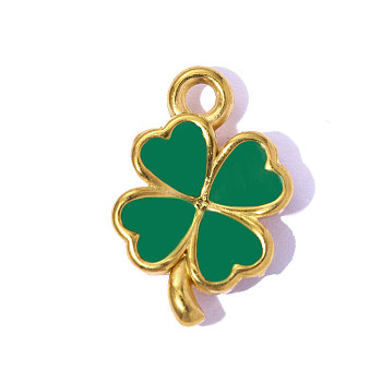 304 Stainless Steel Enamel Pendants, Four Leaf Clover Charm, Ion Plating(IP), Long-Lasting Plated, Real 18K Gold Plated, Green, 15x11mm,Hole:1.80mm
