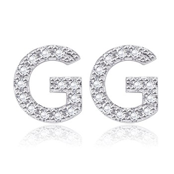 Brass Cubic Zirconia Stud Earrings, with Ear Nuts, Alphabet, Letter G, Clear, Platinum, 12x11x2.5mm, Pin: 0.5mm