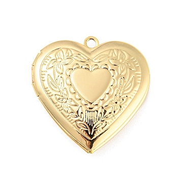 Rack Plating Brass Locket Pendants, Photo Frame Pendants for Necklaces, Cadmium Free & Lead Free, Heart with Flower Charm, Real 14K Gold Plated, 29x29x7mm, Hole: 2mm, Inner Diameter: 20x21mm