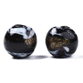 Handmade Gold Sand Lampwork Beads, Round, Black, 9~10x8~10mm, Hole: 1.6mm