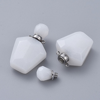 Faceted Natural White Jade Openable Perfume Bottle Pendants, Essential Oil Bottles, with 304 Stainless Steel Findings, Stainless Steel Color, 35.5~37.5x23x13.5mm, Hole: 1.8mm, Capacity: about 2ml(0.06 fl. oz)