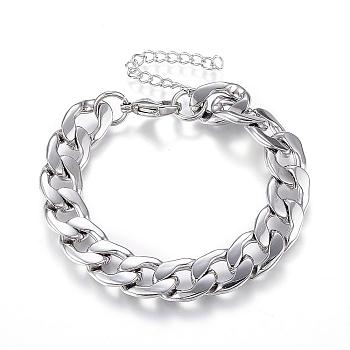 304 Stainless Steel Bracelets, with Curb Chain, Stainless Steel Color, 180mm(7-1/8 inch)